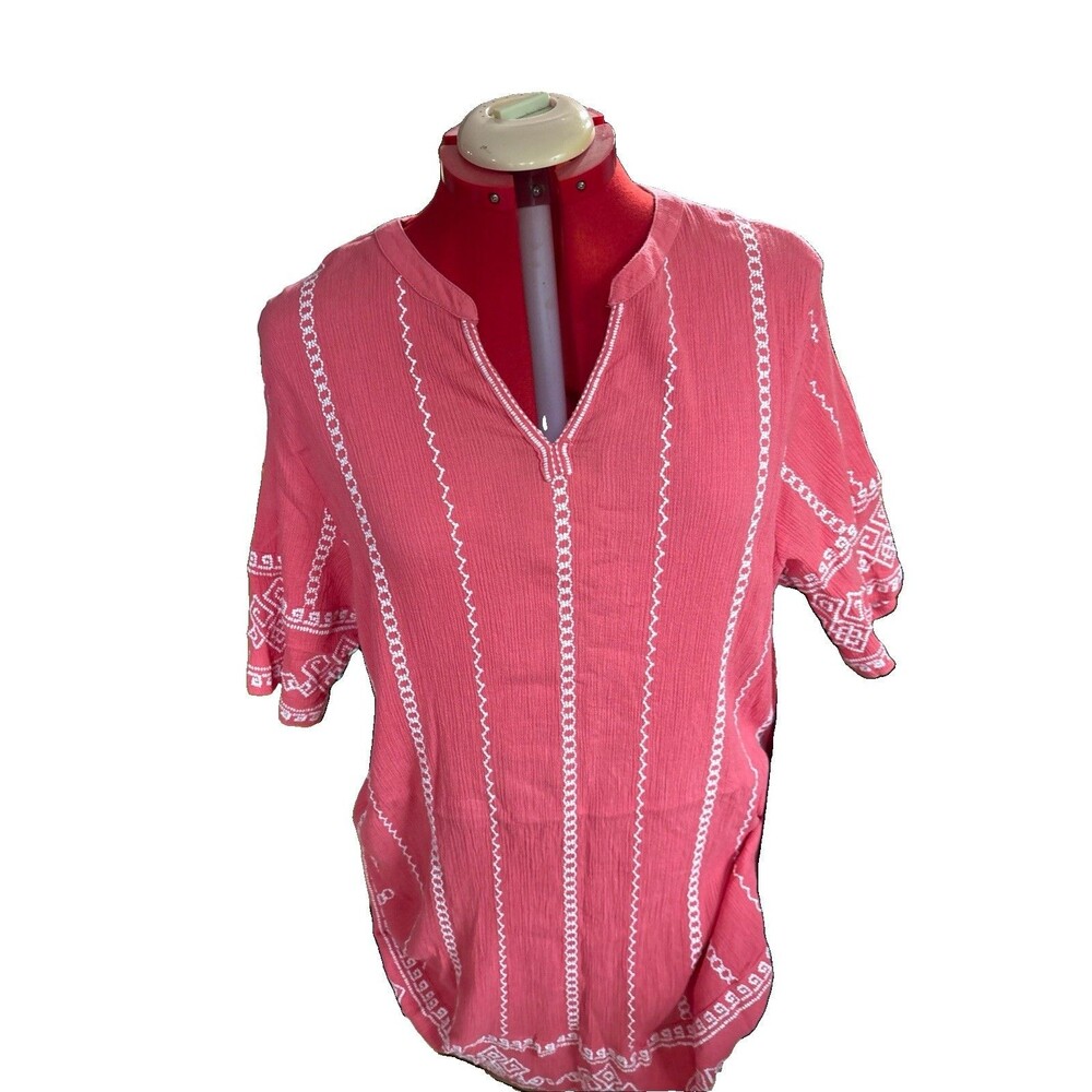 Woman Within 1X 22/24 Plus Size  V-Neck Tunic Peach -y with White Embroidery